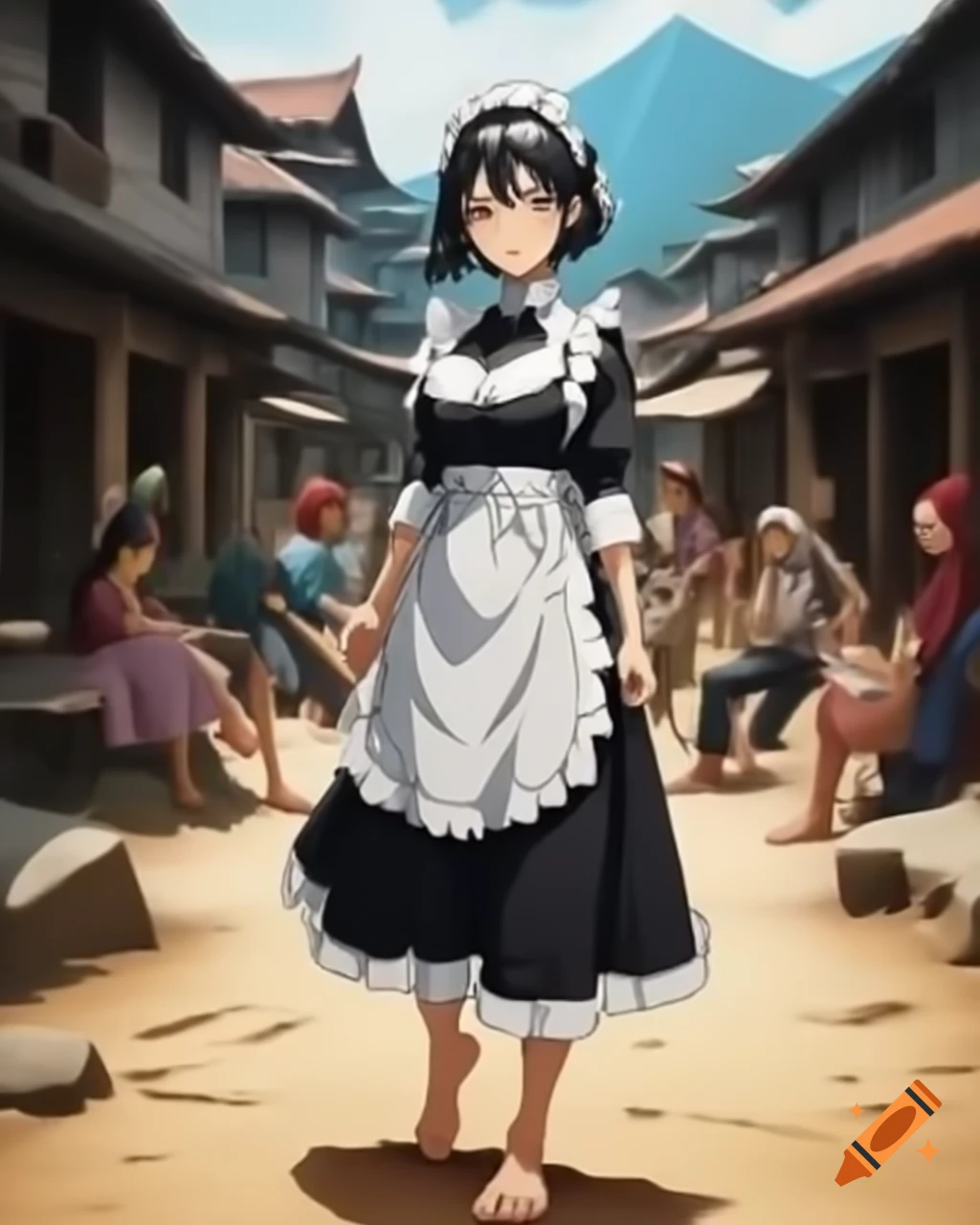 Elegant barefoot ninja maid woman posing in village surrounded by ...