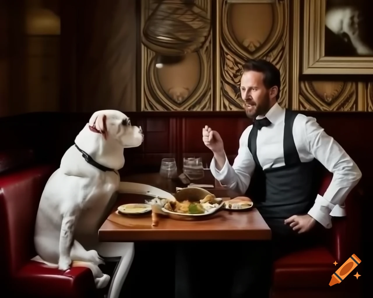 Elegant Man Eating Dog Food In Busy Restaurant Waiter Slips Diners elegant-man-eating-dog-food-in-busy-restaurant-waiter-slips-diners