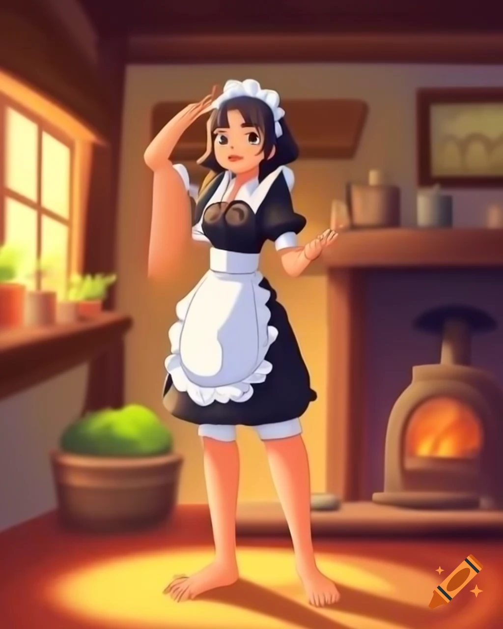 Elegant barefoot ninja maid woman posing in village home, anime style ...