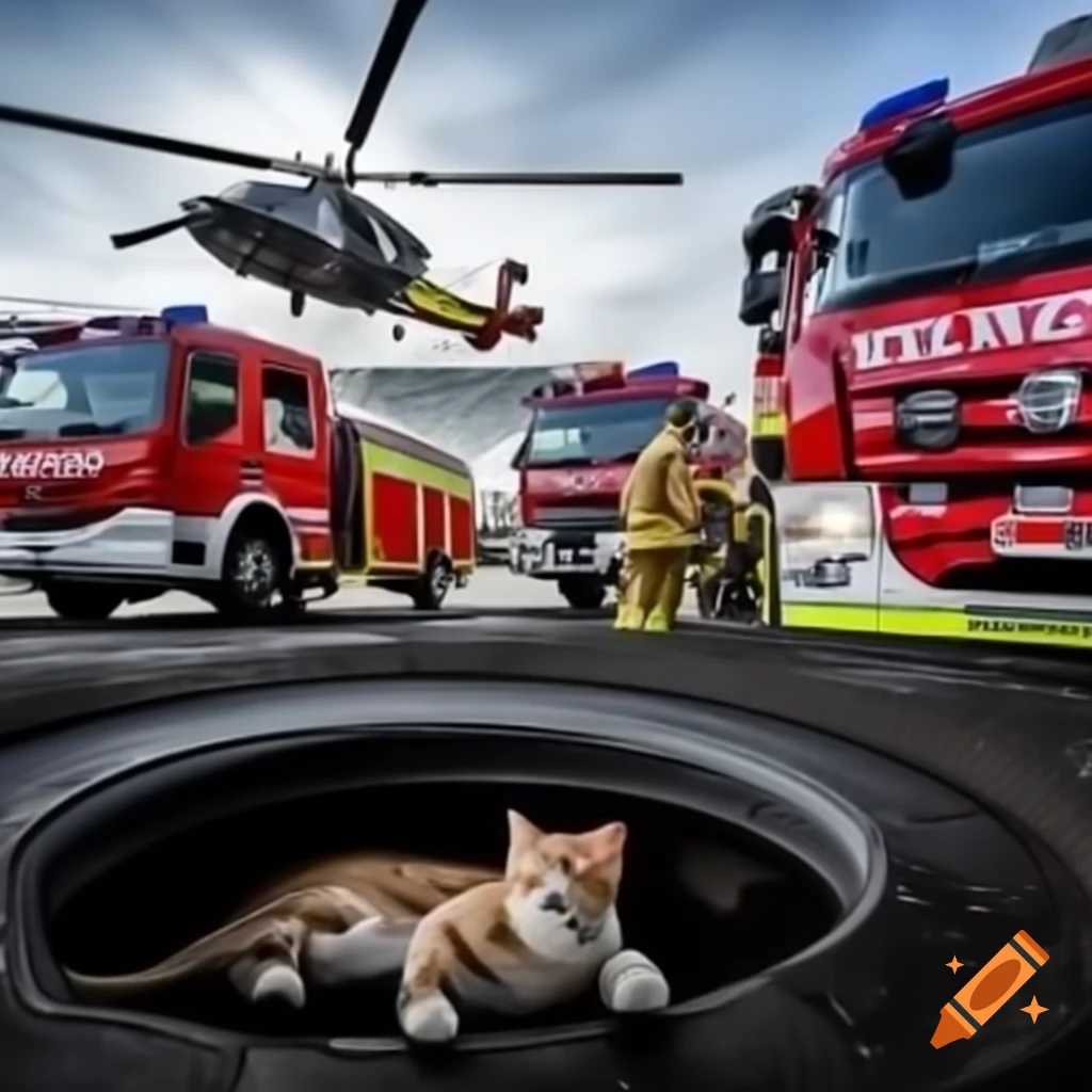 Firefighters rescuing kitten from manhole with trucks and helicopter