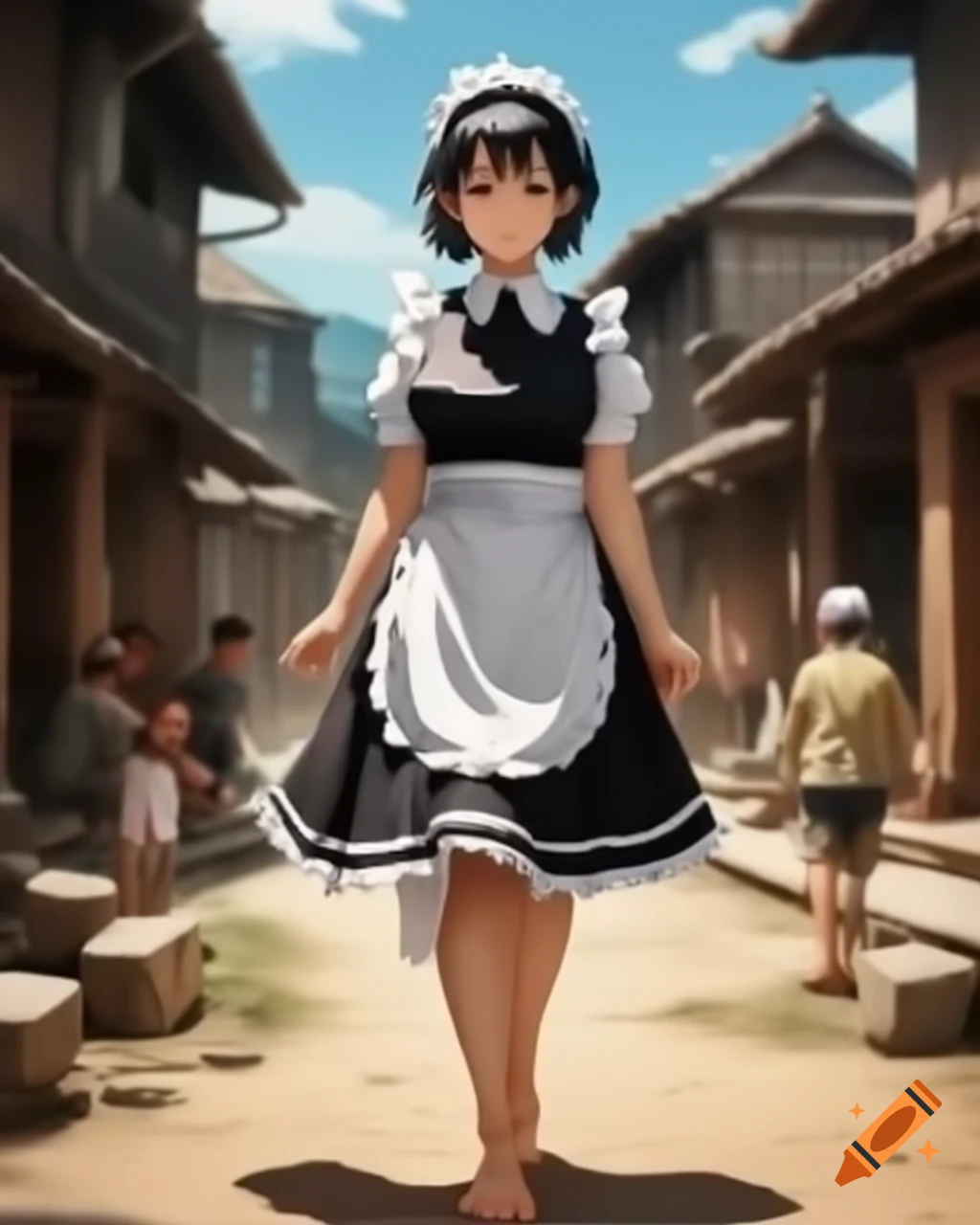 Elegant barefoot ninja maid woman posing in village surrounded by ...