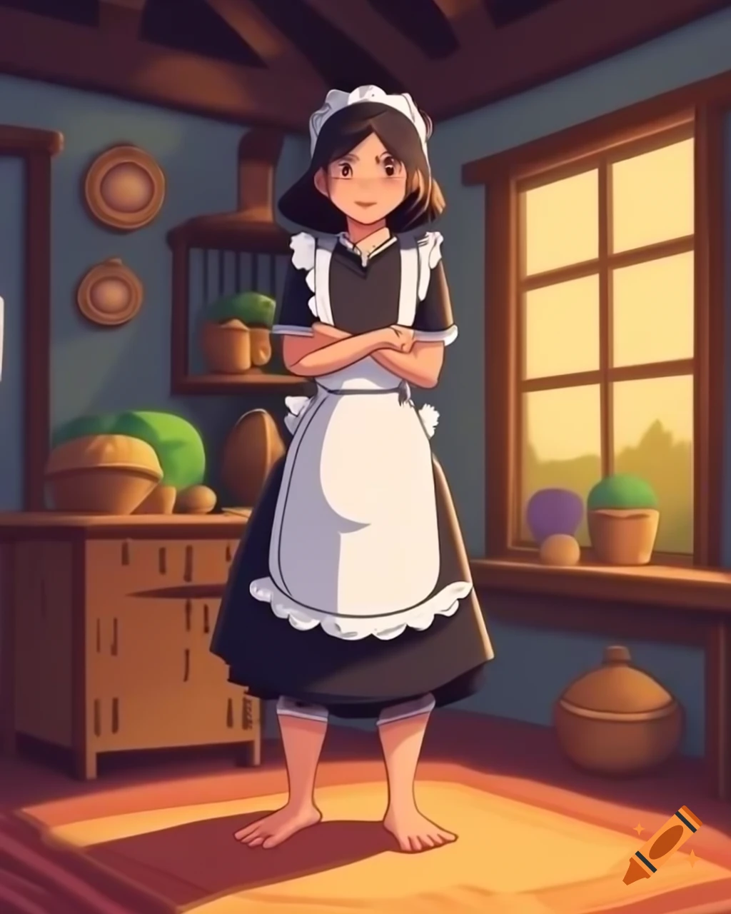 Elegant barefoot ninja maid woman posing in village home, anime style ...
