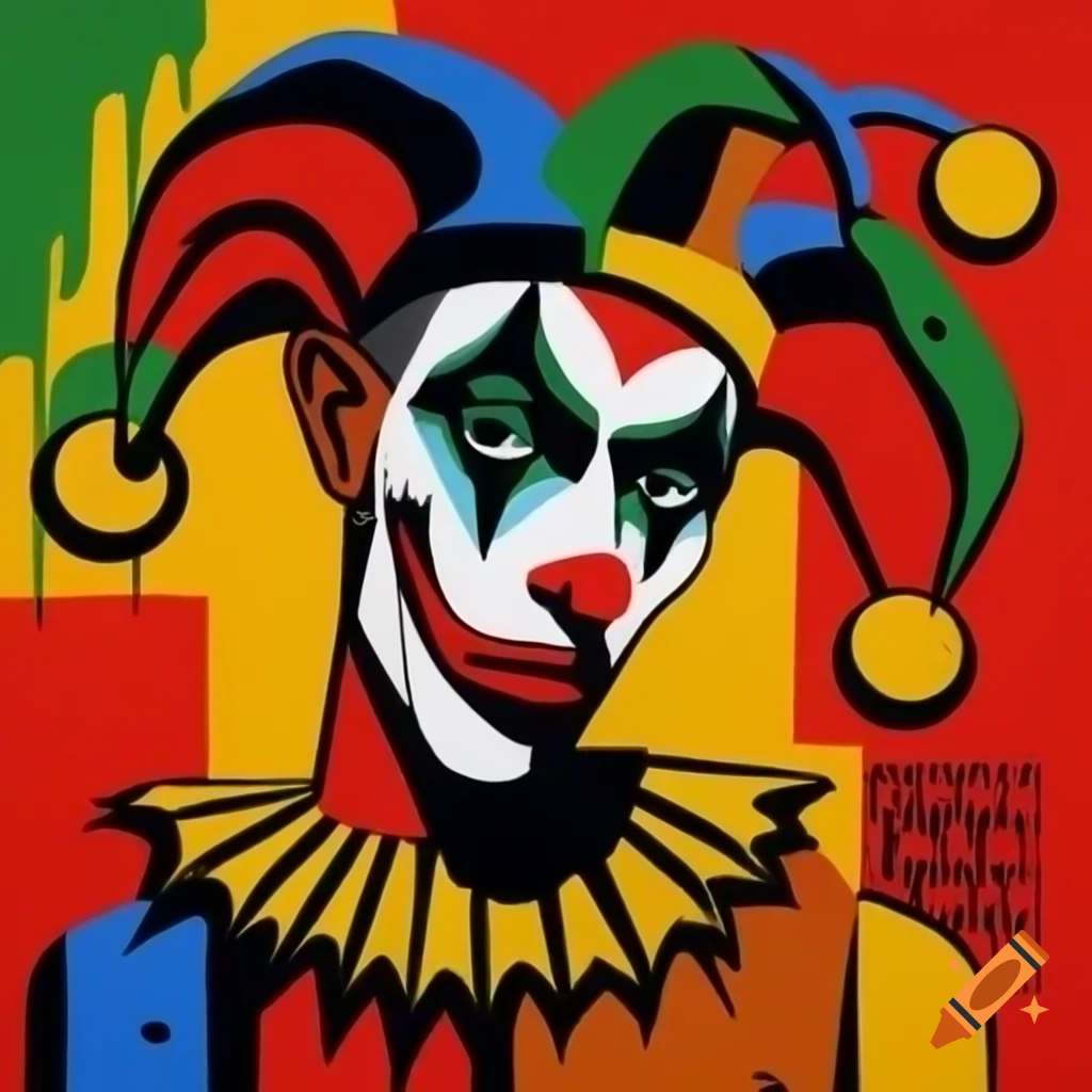 Jester painting inspired by Jean-Michel Basquiat and Wifredo Lam styles