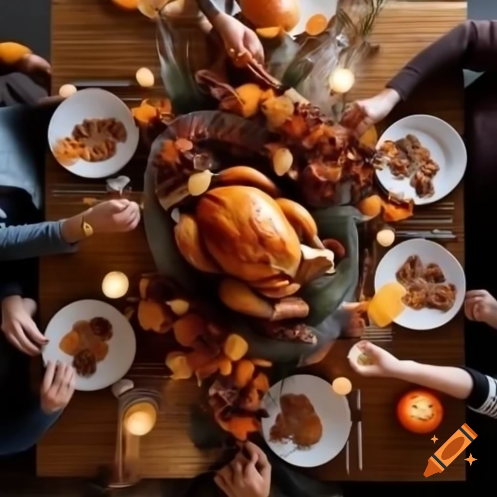 Cozy autumn feast on wooden table with roasted turkey and colorful leaves