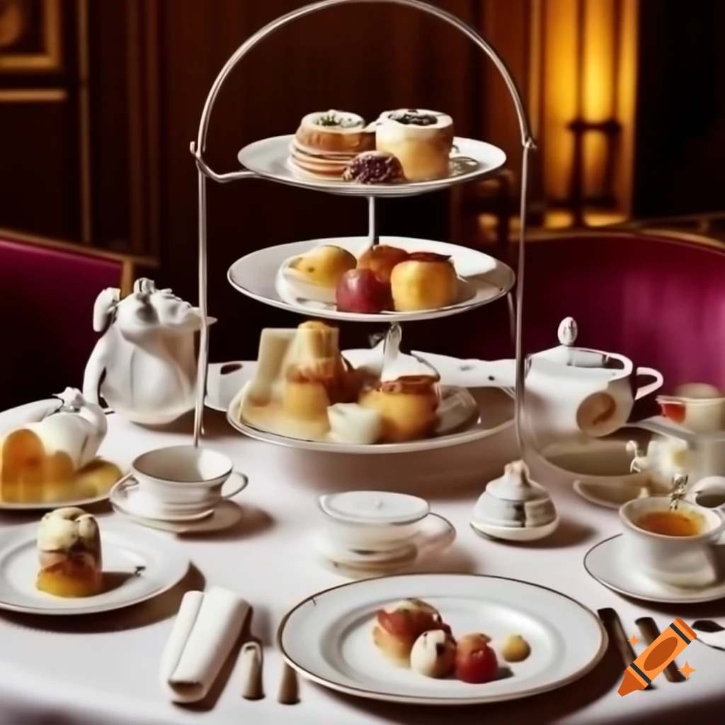 Sophisticated high tea in elegant grand room with fine china and ...