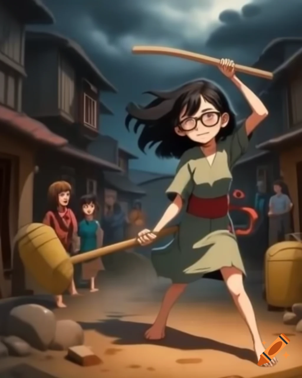 Cheerful ninja woman in skirt and glasses rolling in stormy village ...