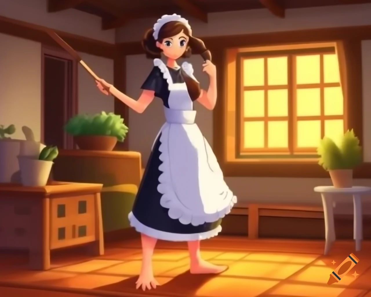 Elegant barefoot ninja maid woman posing in village home, anime style ...