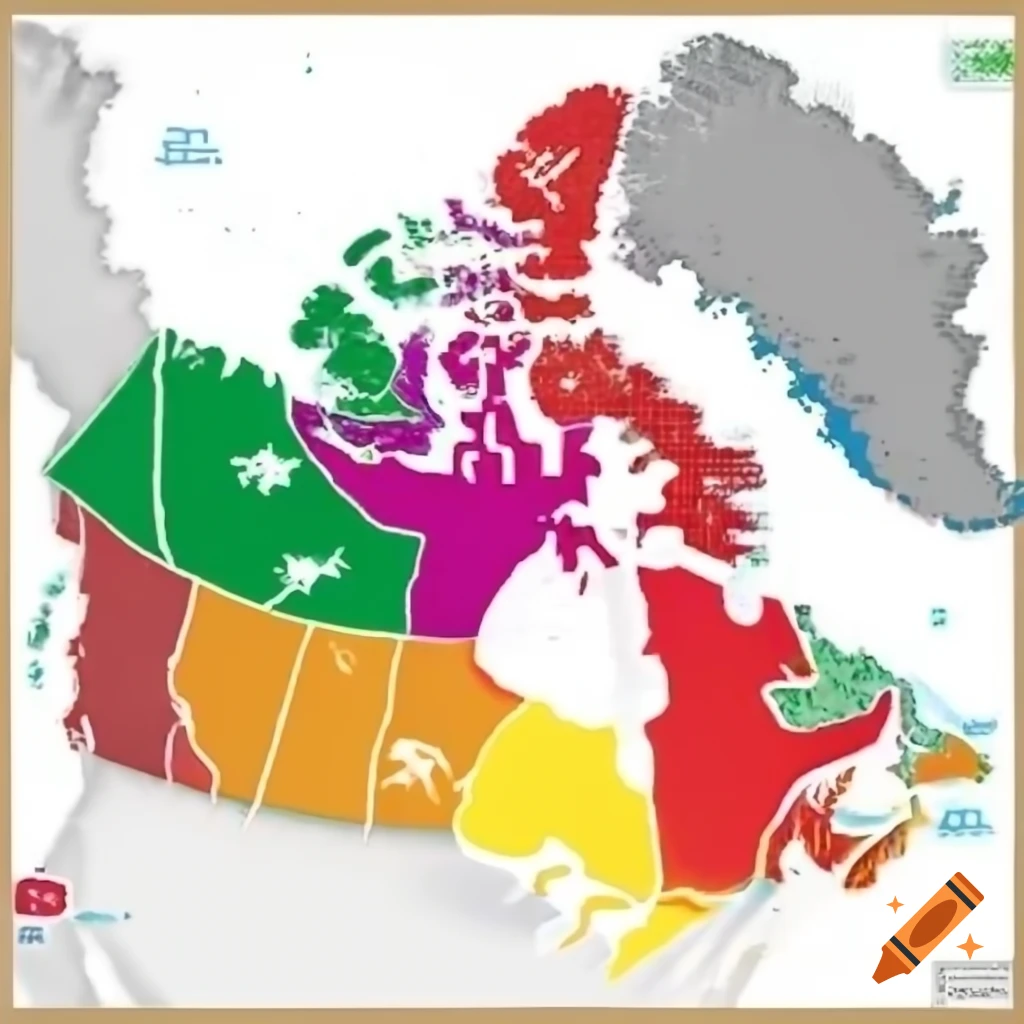 Canada map featuring named provinces and territories in 16 colors