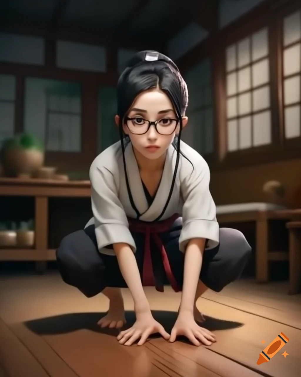 Anime elegant ninja woman in glasses crawling in village home on Craiyon