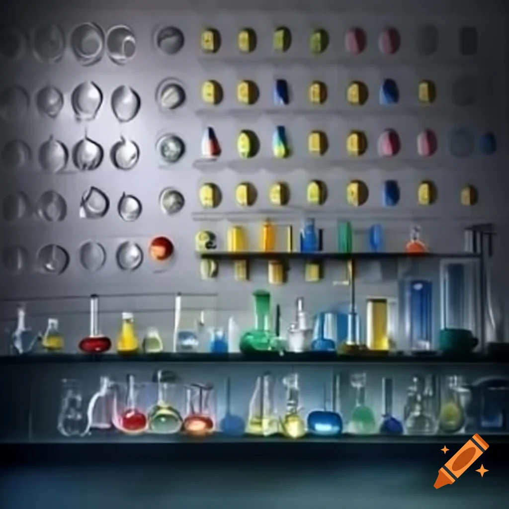 Colorful laboratory scene with calculations and glass equipment, high ...