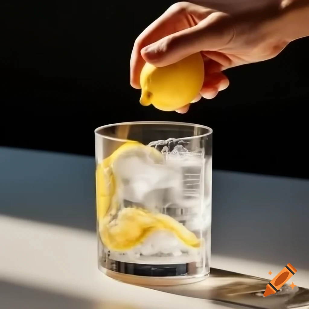 Hand squeezing ripe lemon over a glass of ice, vibrant juice