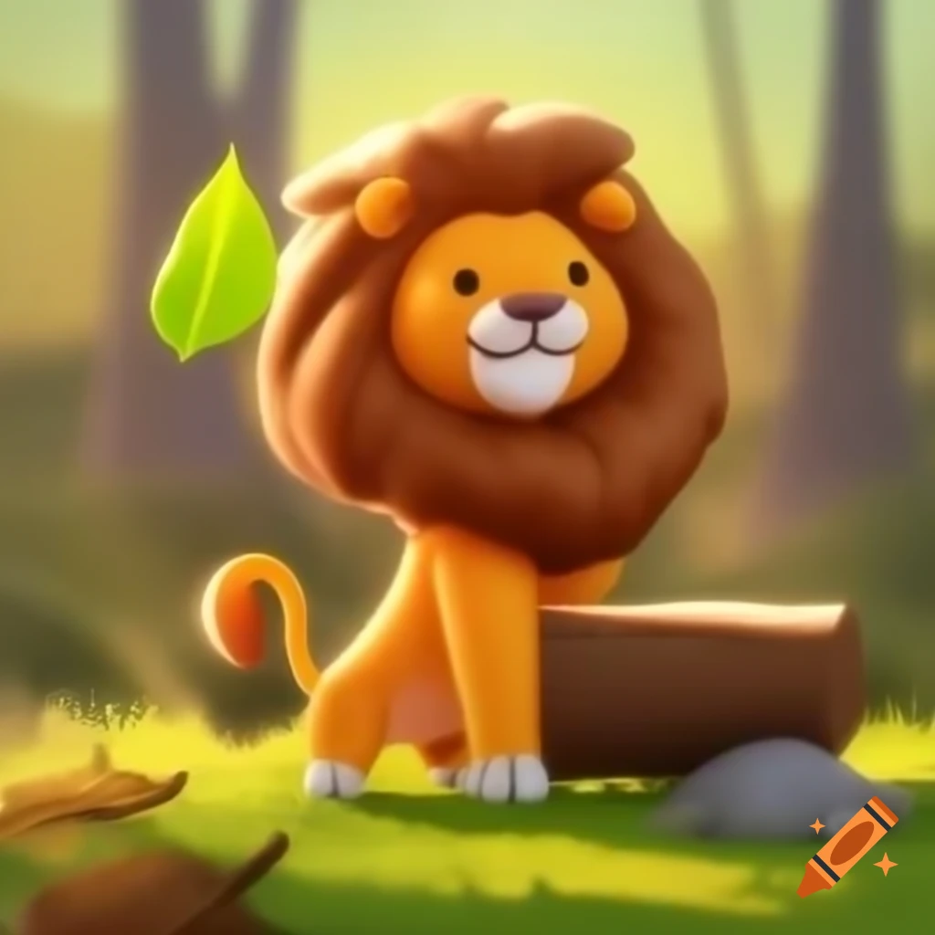 Cartoon cute lion happily finding missing leaf near log