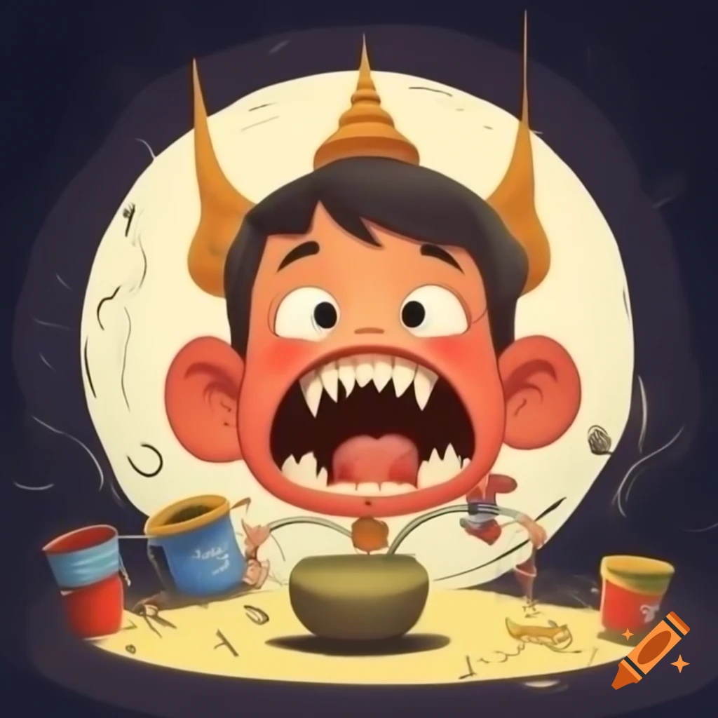 Colorful Thai giant cartoons celebrating Songkran with playful fangs and splashing water