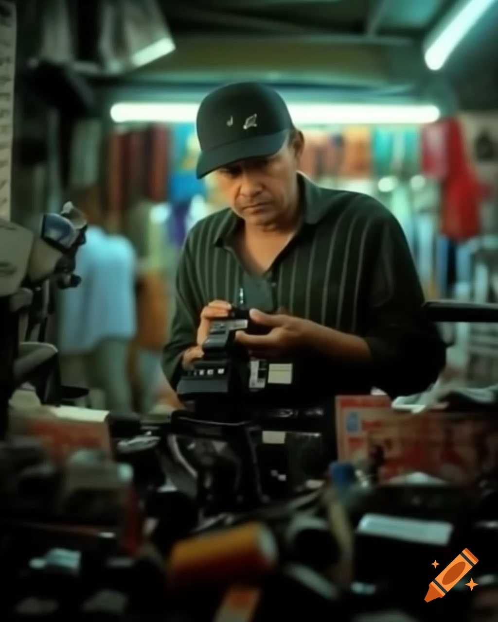 Man selling film cameras and accessories at flea market