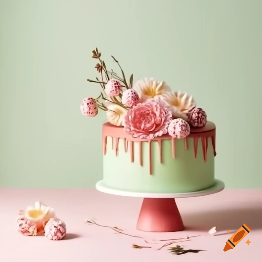 Pale green cake with meringue flowers and pink chocolate drip