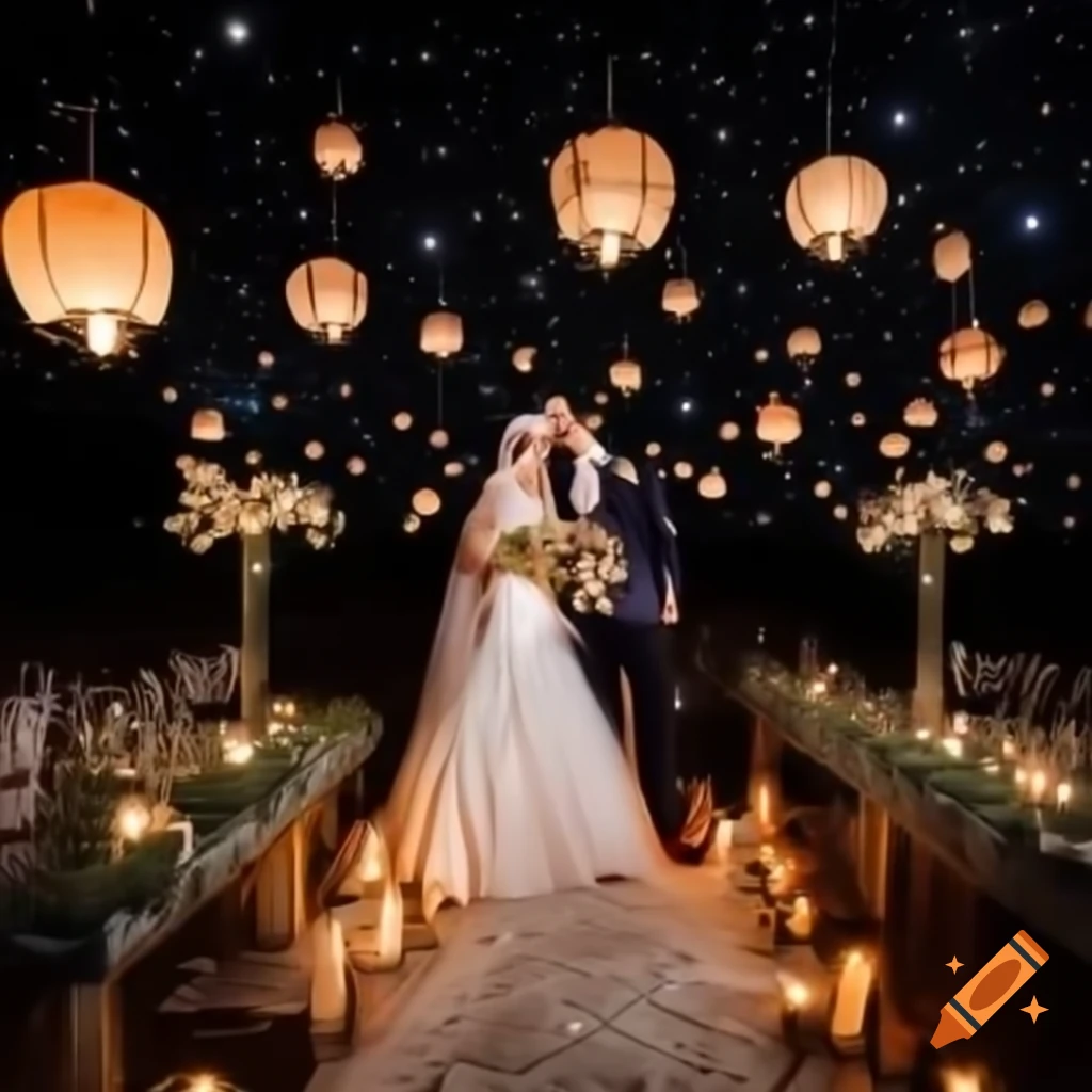 Beautiful wedding with celestial theme, bride in starry dress with Arabian lanterns and fairy lights