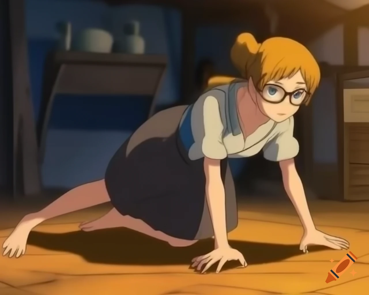 Anime ninja woman in glasses and skirt crawling in village home on Craiyon