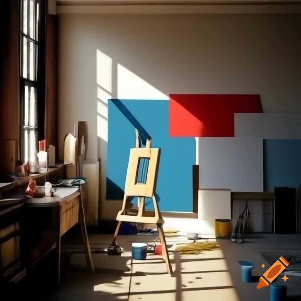 Artist's studio with empty canvas and colorful paint supplies under daylight