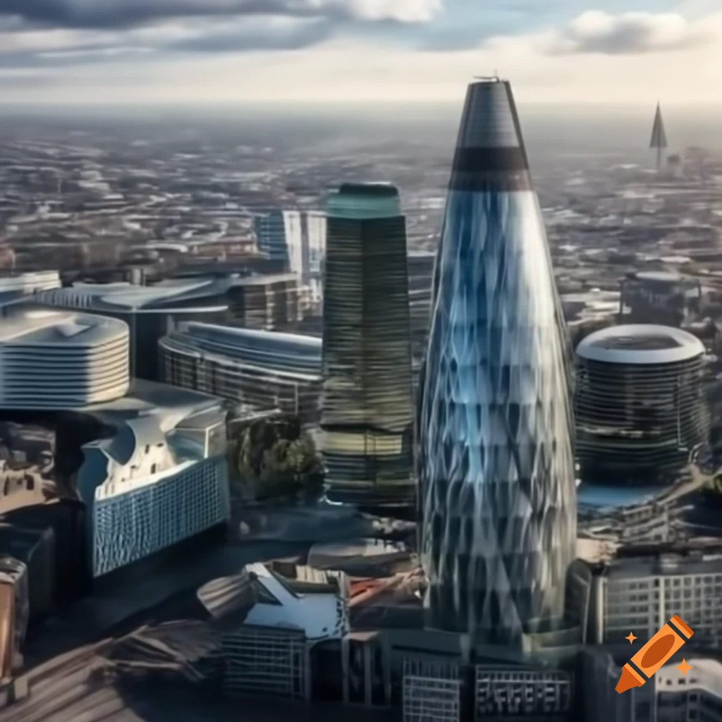 Futuristic drone view of London with glass buildings and flying cars