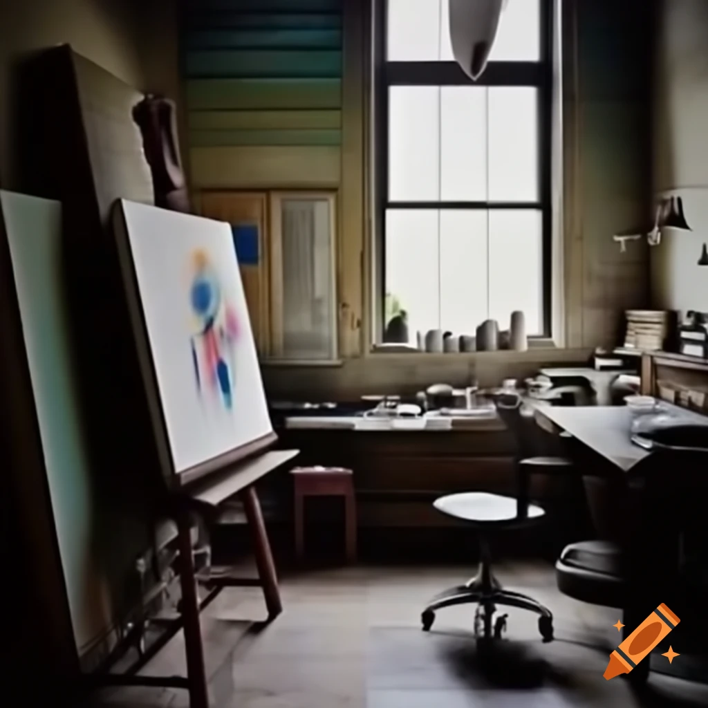 Artist's studio featuring canvas and easel with vibrant colors