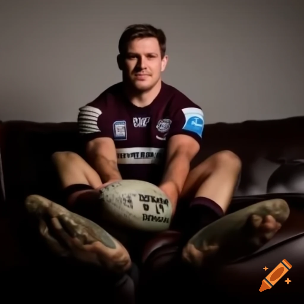 Joe Marler, England rugby player, relaxing on sofa in uniform with muddy feet and a smile