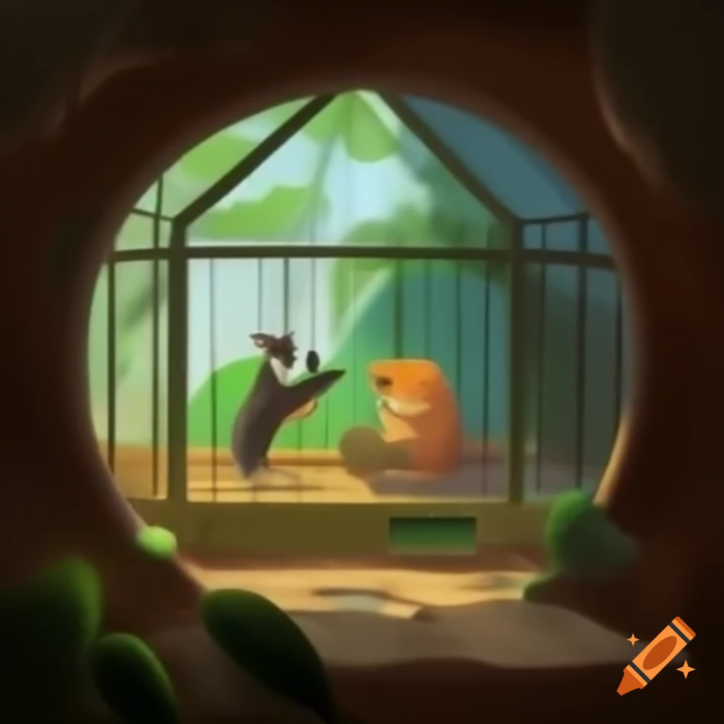 Zoo habitat with animals playing musical instruments behind enclosures