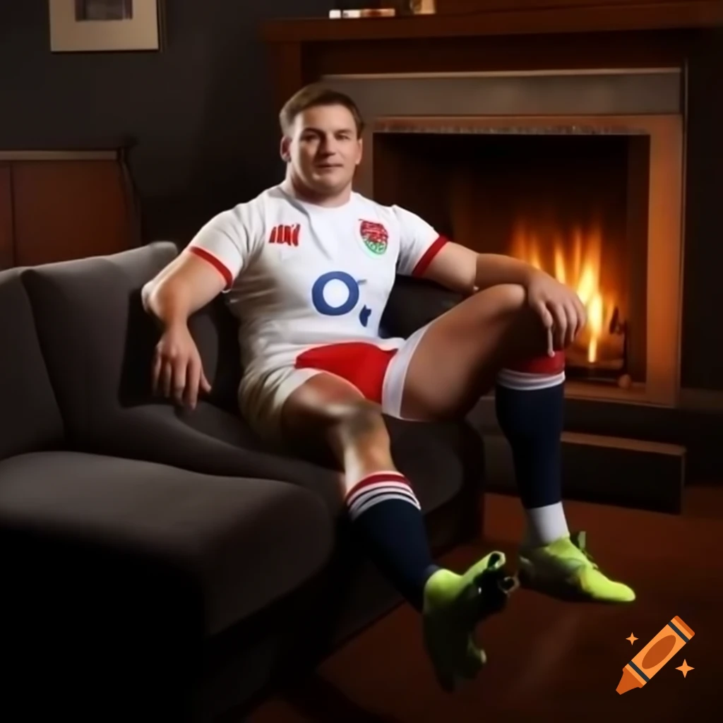 Rugby player in uniform sitting on couch, shoeless and looking angry