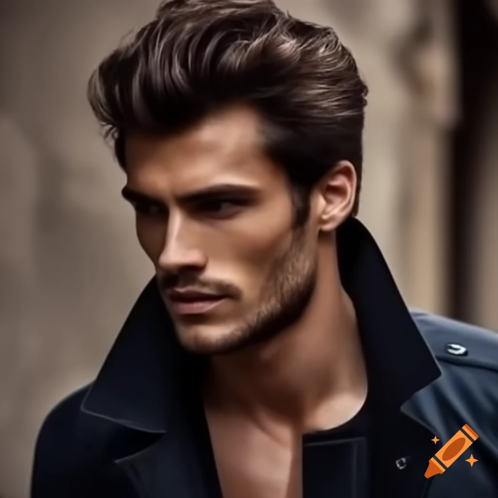 Spanish male supermodel with brown hair walking