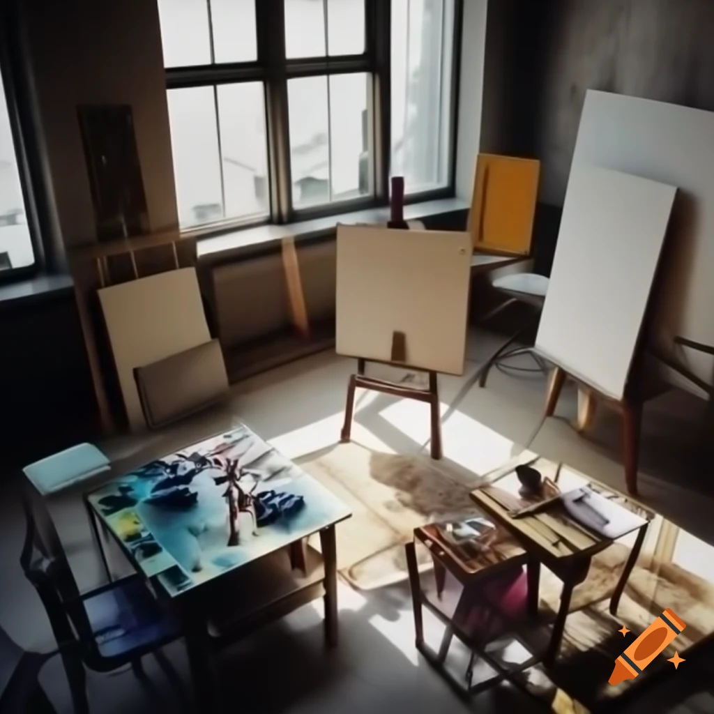 Artist's studio with empty canvas and colorful paint splatters under daylight
