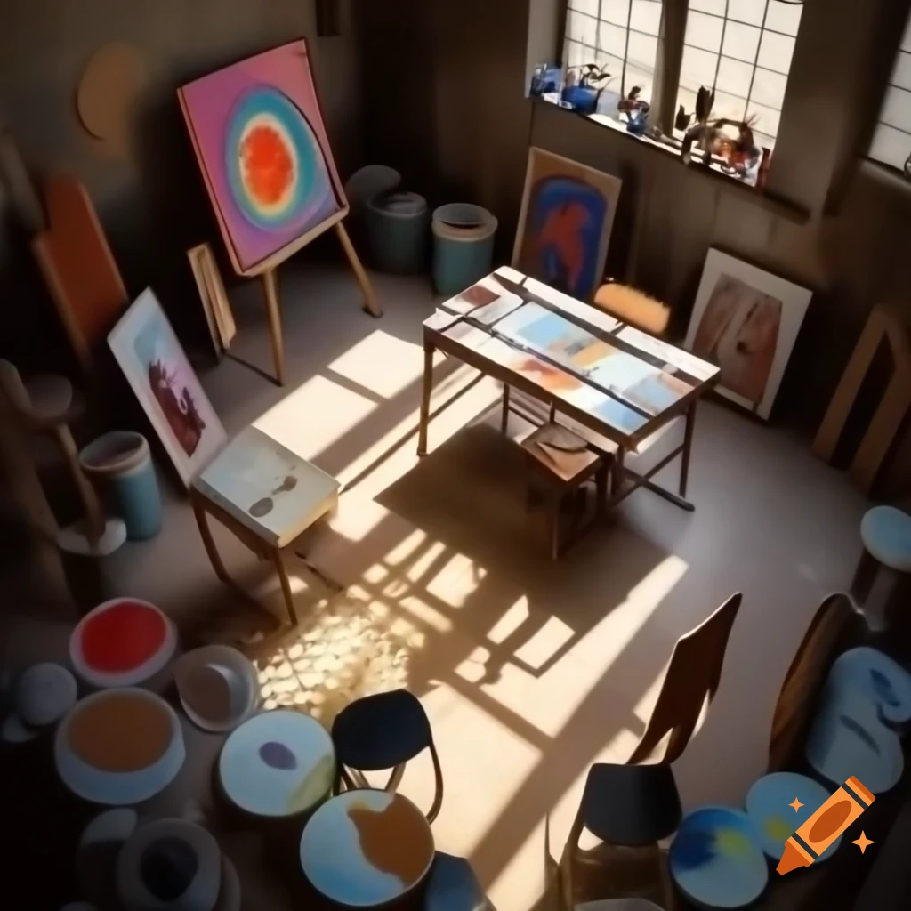 Artist's studio with empty canvas and colorful paint supplies under daylight