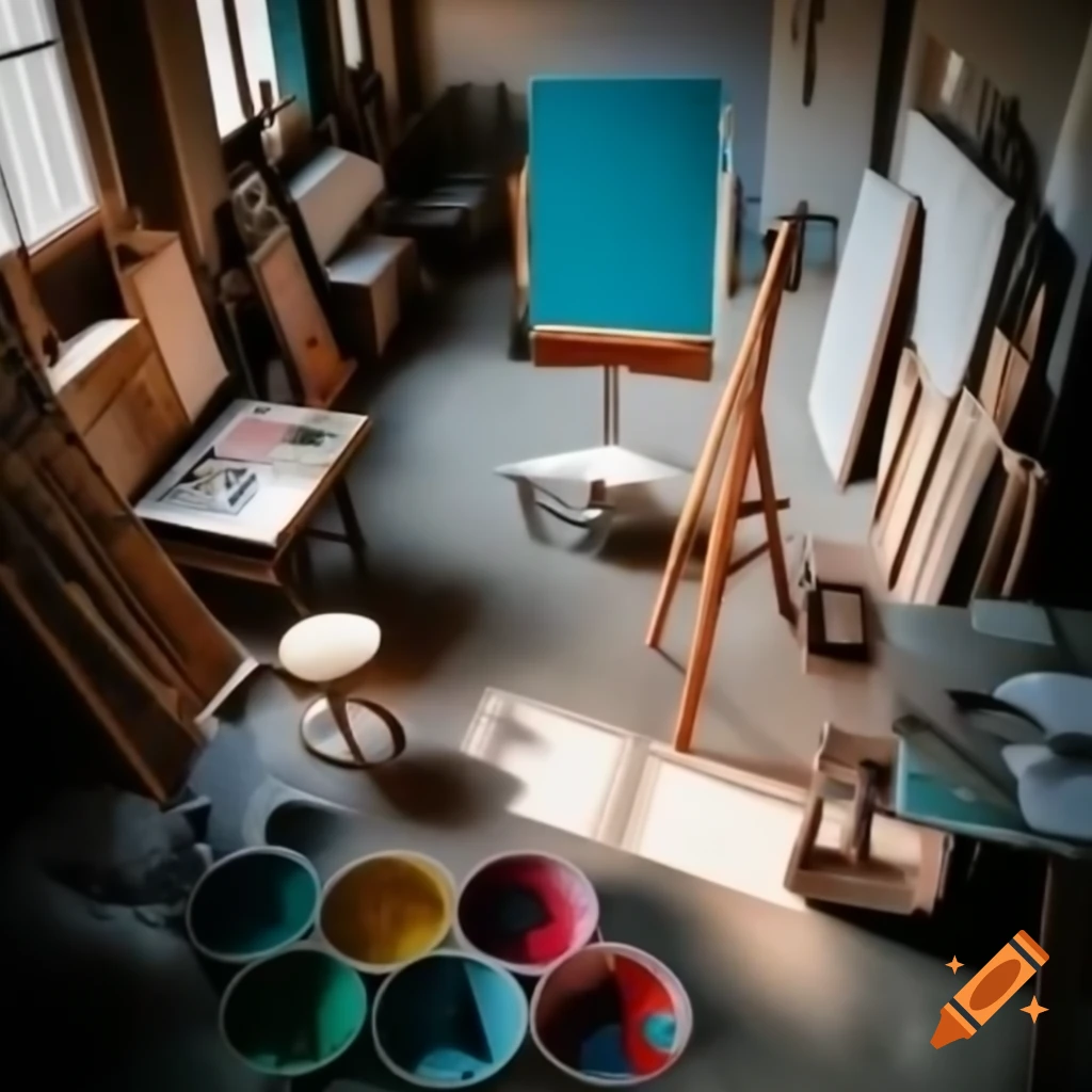 Vibrant artist's studio with empty canvas, paint cans, and colorful tools