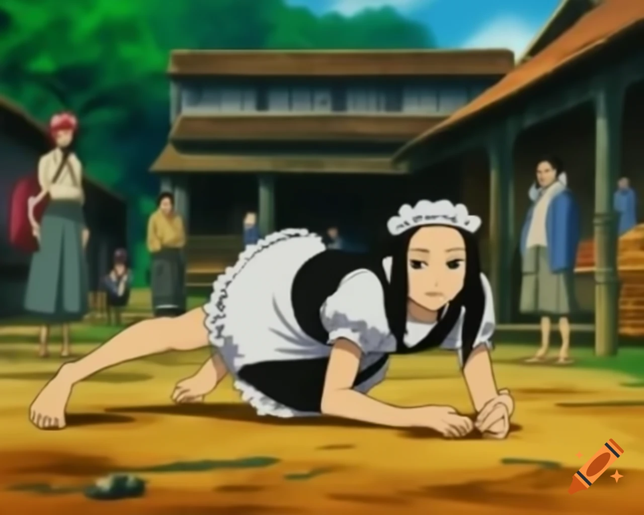 Elegant barefoot ninja maid crawling in village surrounded by people on ...