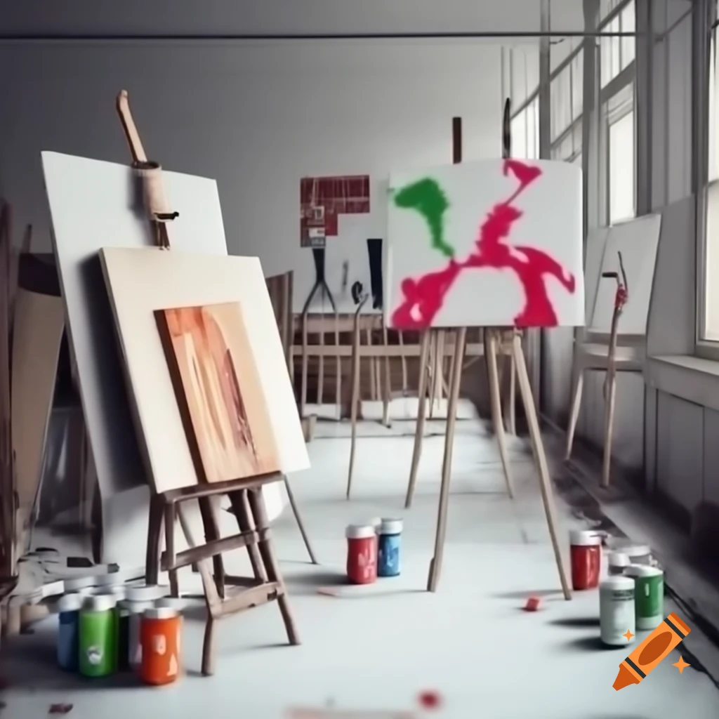 Creative art studio filled with paint cans, easels, and colorful supplies