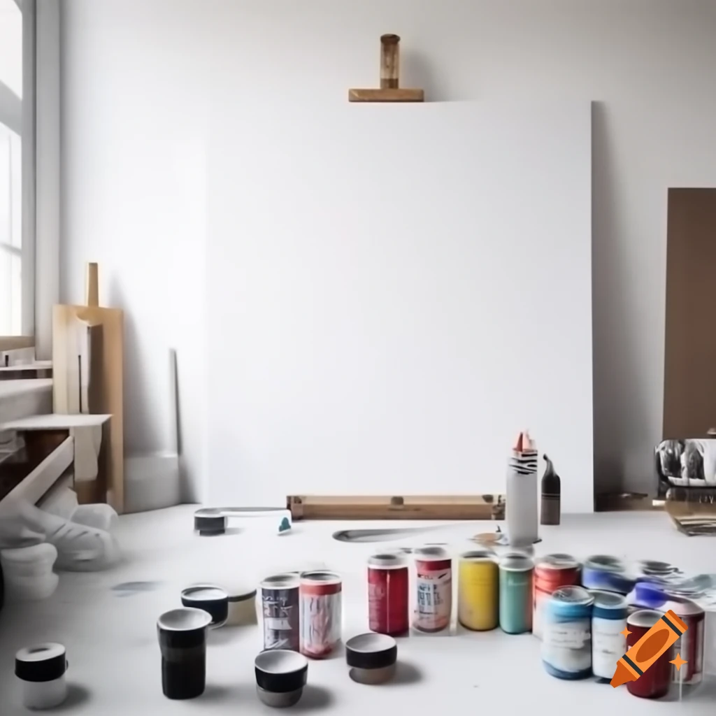 Creative studio with white canvas, paint cans, easels and colorful paint supplies