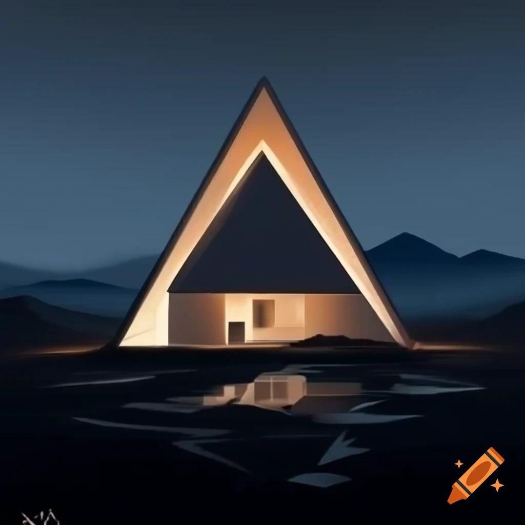 Futuristic triangular-shaped house with angular lines glowing in misty ...