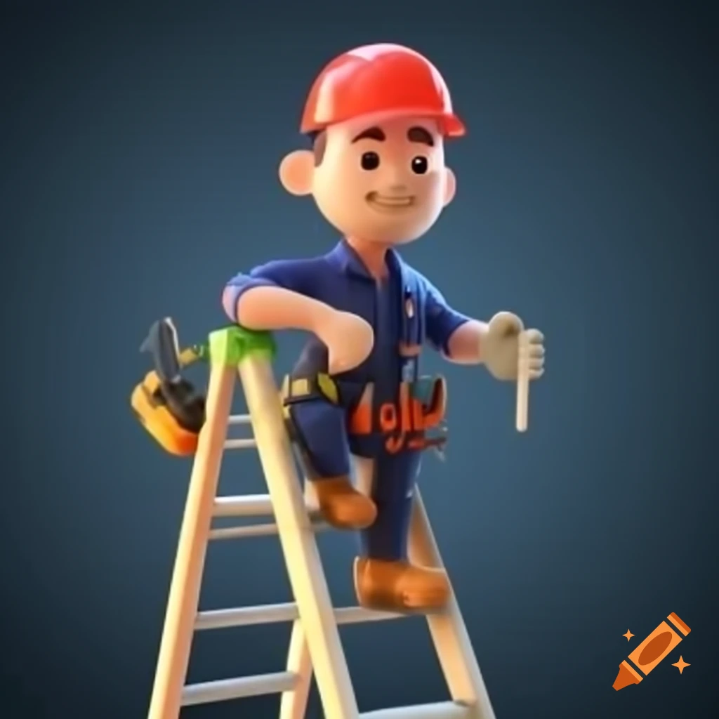 3D electrician character working on a ladder