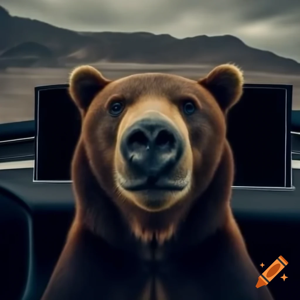 Bear sitting in a Tesla car