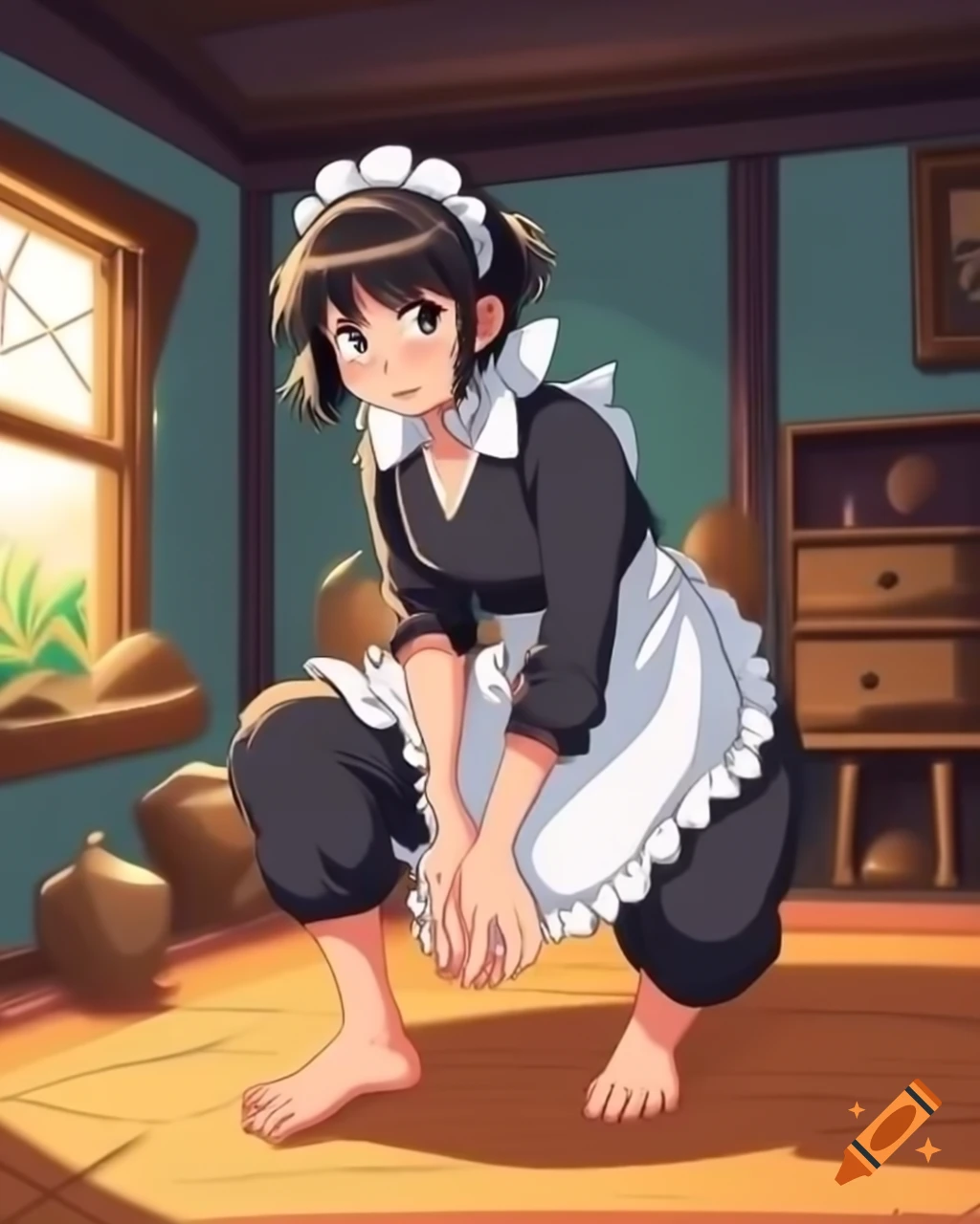 Elegant barefoot ninja maid woman crawling in village home, anime style ...