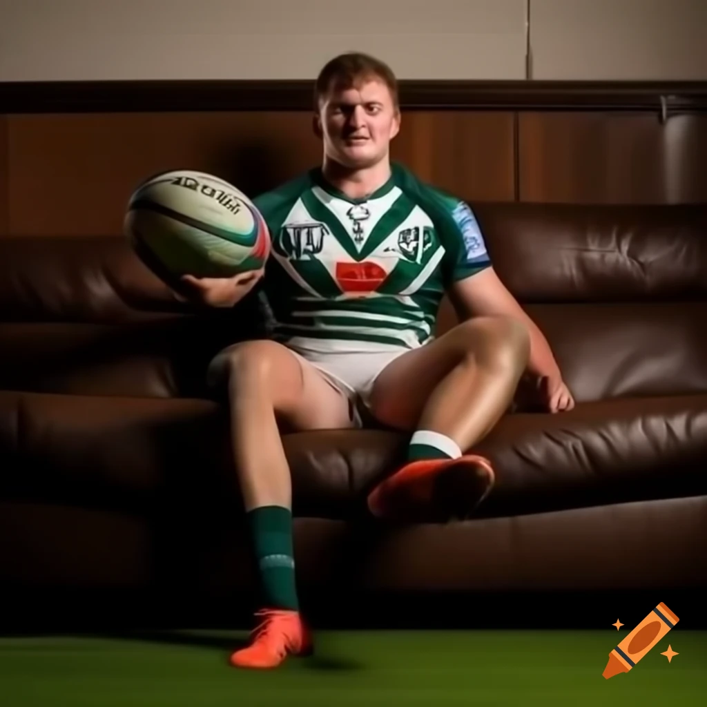 Joe Marler, England rugby player, relaxing on sofa in uniform with muddy feet and a smile