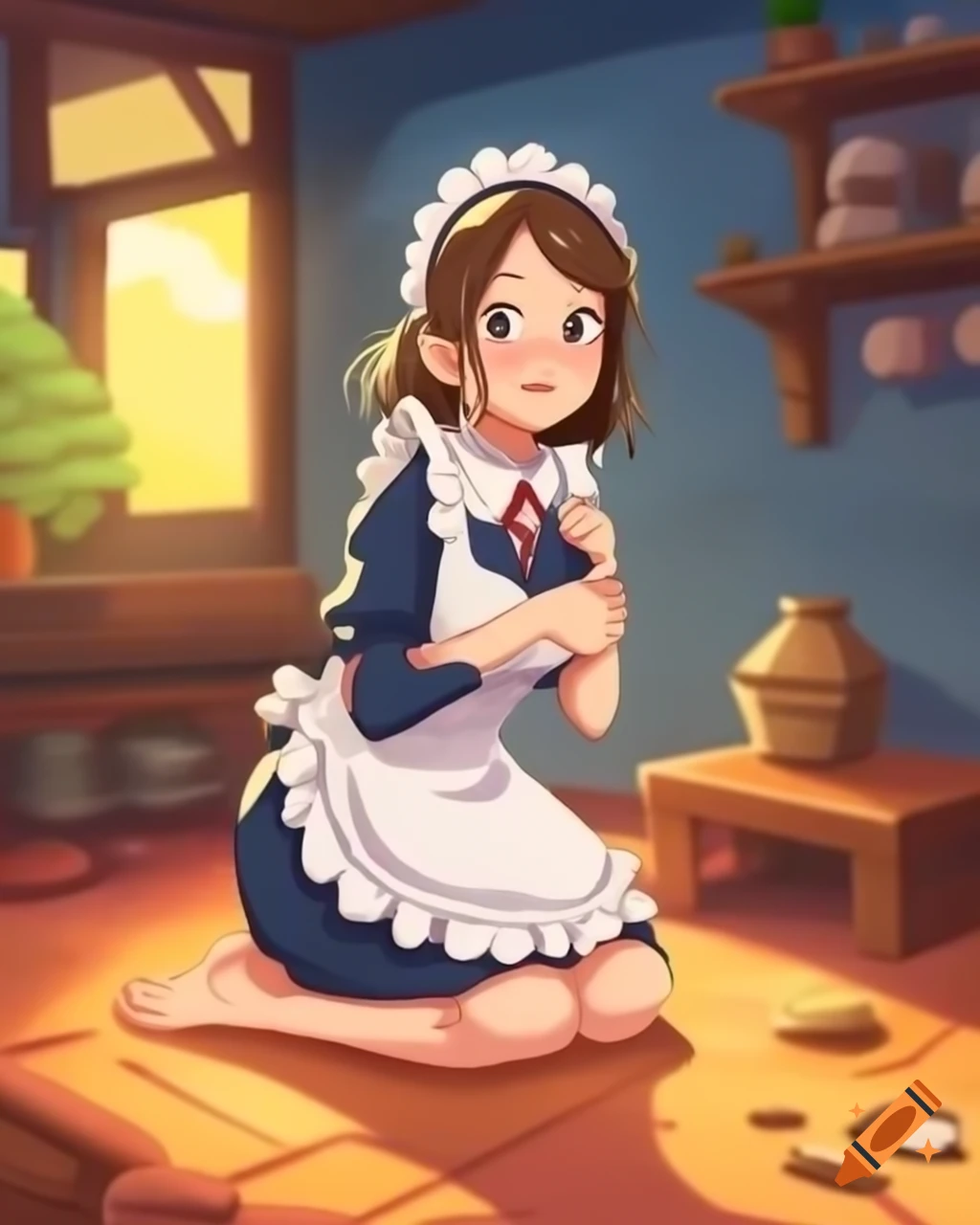 Elegant barefoot ninja maid woman crawling in traditional village home ...