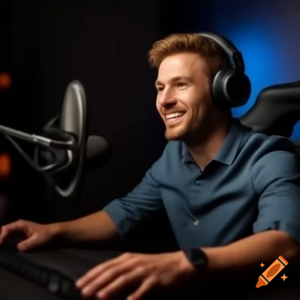 Older male podcaster wearing headphones and speaking into microphone