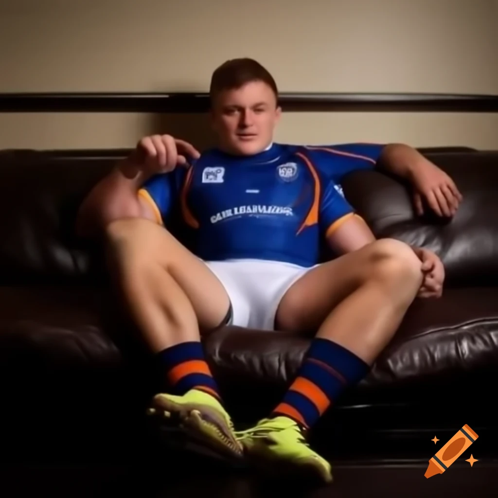 Joe Marler, England rugby player, relaxing on sofa in uniform with muddy feet and a smile