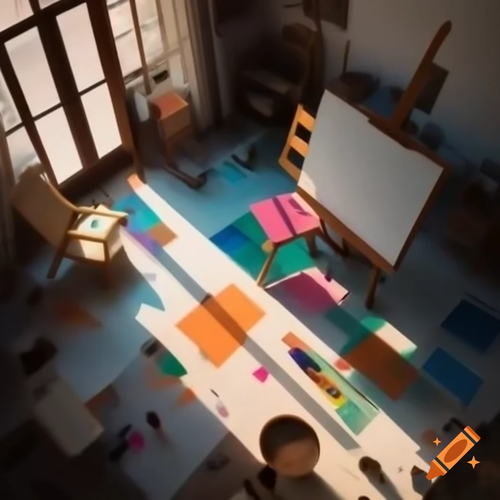 Artist's studio with empty canvas and colorful paint splatters under daylight