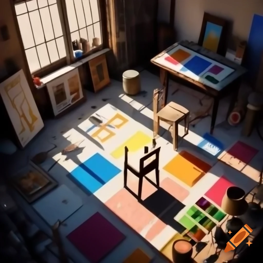 Vibrant artist's studio with empty canvas, paint cans, and colorful tools
