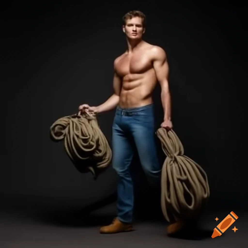 Confident male supermodel with smirk, holding ropes in studio setting