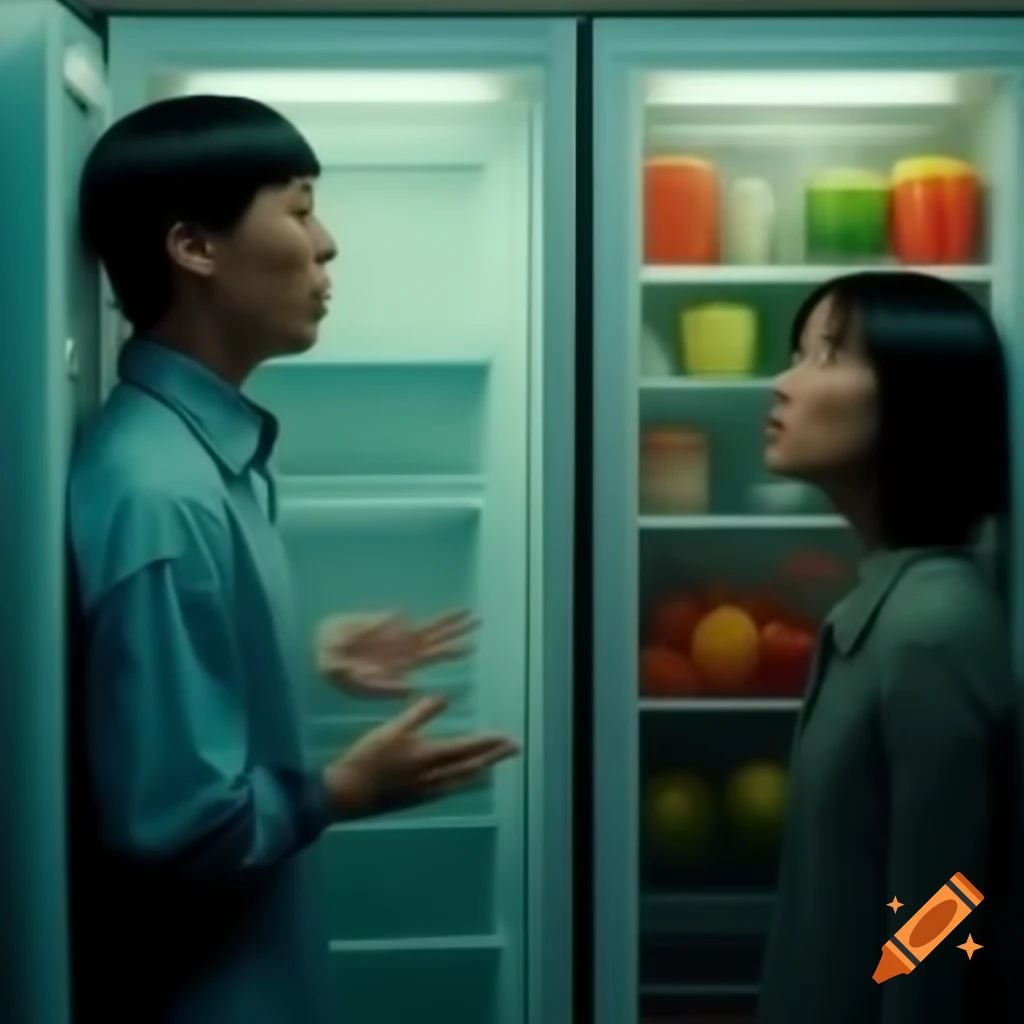 Man and woman arguing in front of fridge