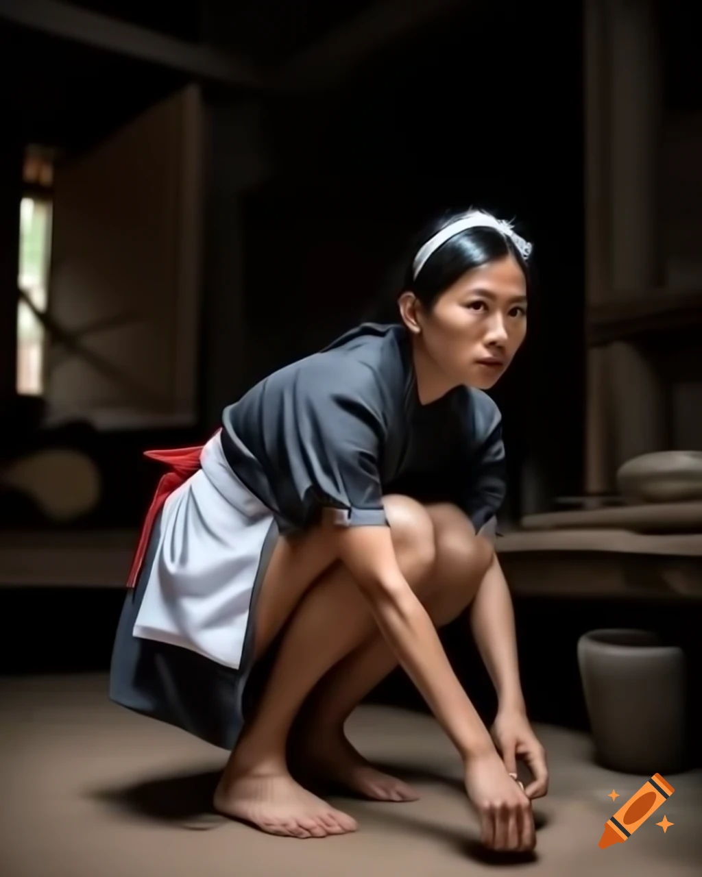 Elegant barefoot ninja maid woman in village home, anime style on Craiyon