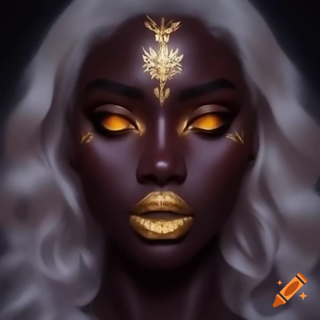 Goddess with dark skin, glowing gold eyes, and platinum wavy hair on ...