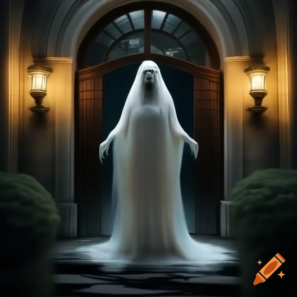 Ghostly woman in burnt dress near old mansion's glowing doorway at night