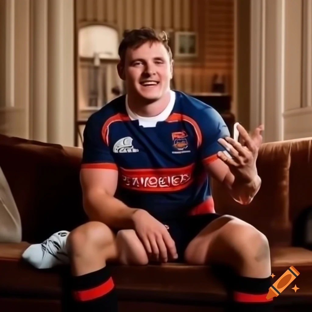Rugby player Joe Marler in kit relaxing on sofa with a smile